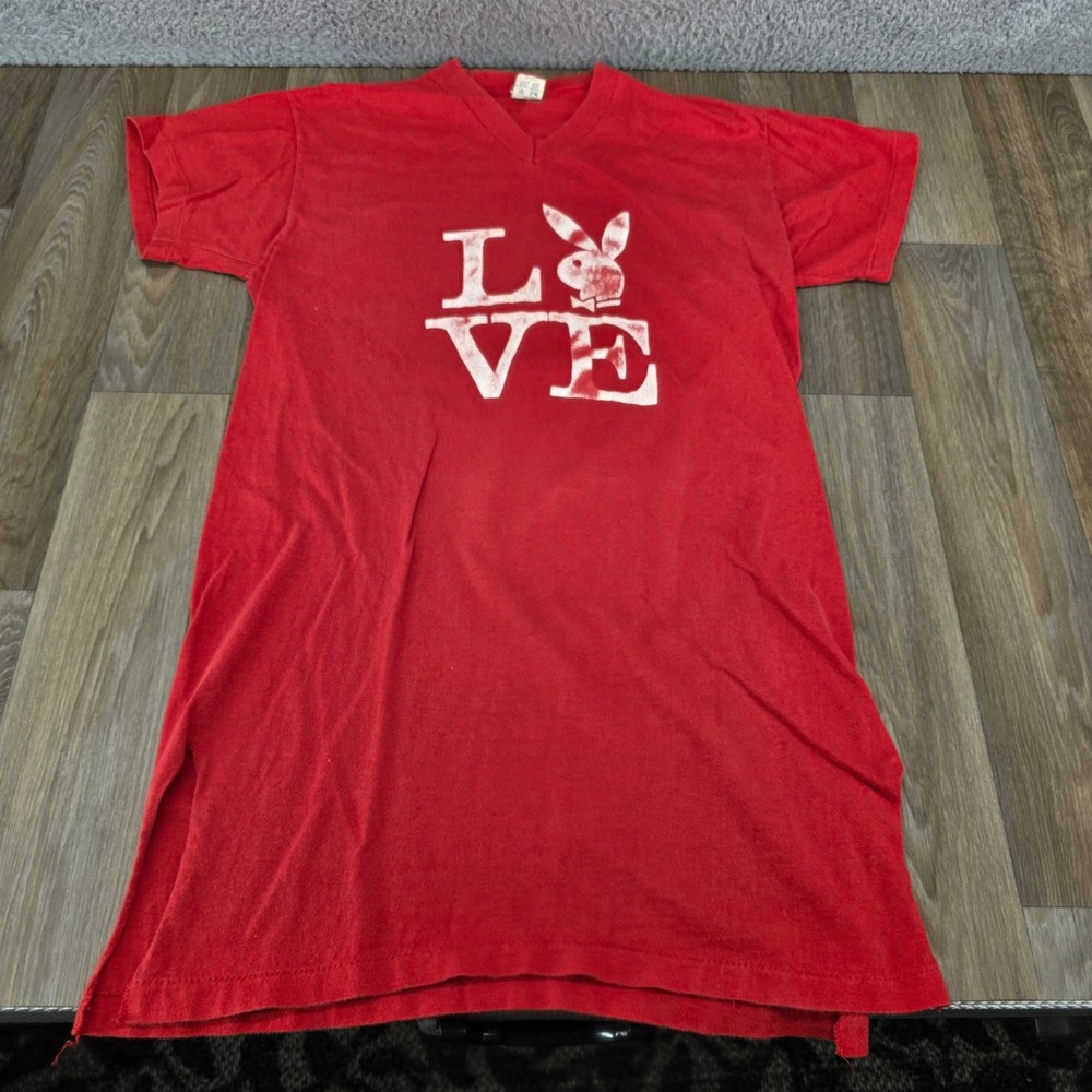 Vintage‎ Playboy Bunny LOVE Graphic T Shirt Artex USA Red V Neck Medium